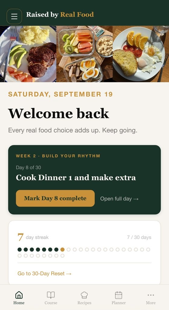 Back to Real Food app dashboard