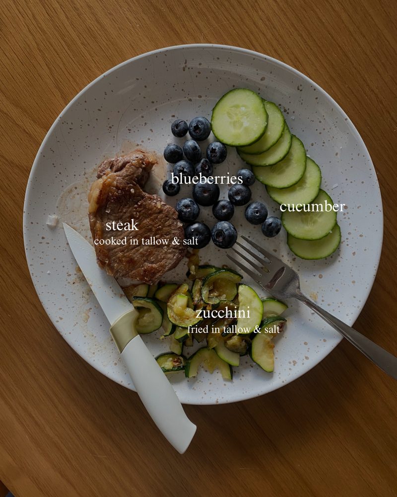 A plate of steak, zucchini, cucumber and blueberries