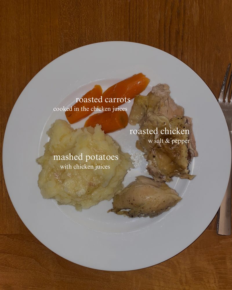 Roast chicken thighs with roasted potatoes and broccoli